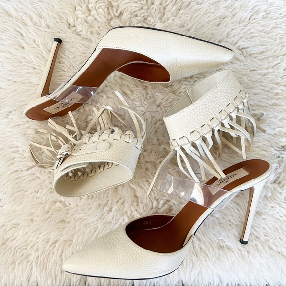 Valentino C-Rockee White Leather Illusion Fringe Ankle Wrap Heels Size EU 38.5 - Picture 7 of 15